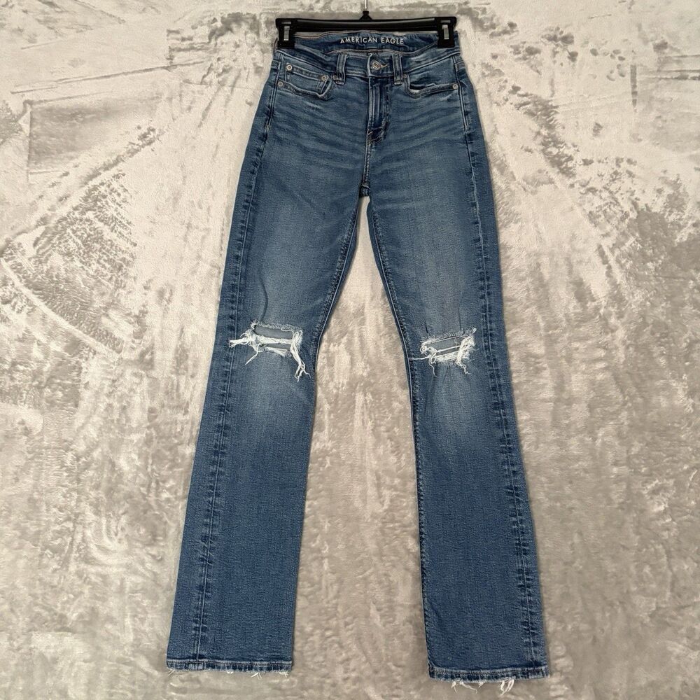 American Eagle ‘90s Bootcut Jeans Women 000 High Rise Medium Wash Distressed Y2K